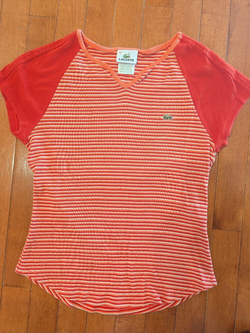 Vintage LACOSTE France Women's Cotton Red Striped Curved Hem Top Shirt Sz 40